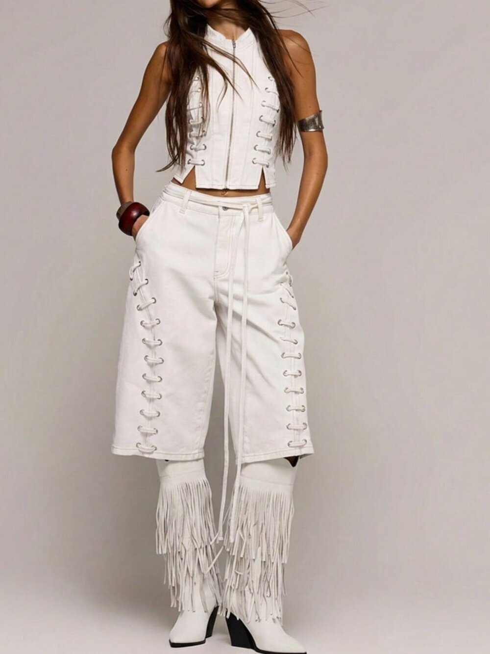 White Casual Women's Eyelet Lace Up Loose Fit Denim Jorts Bermuda shorts